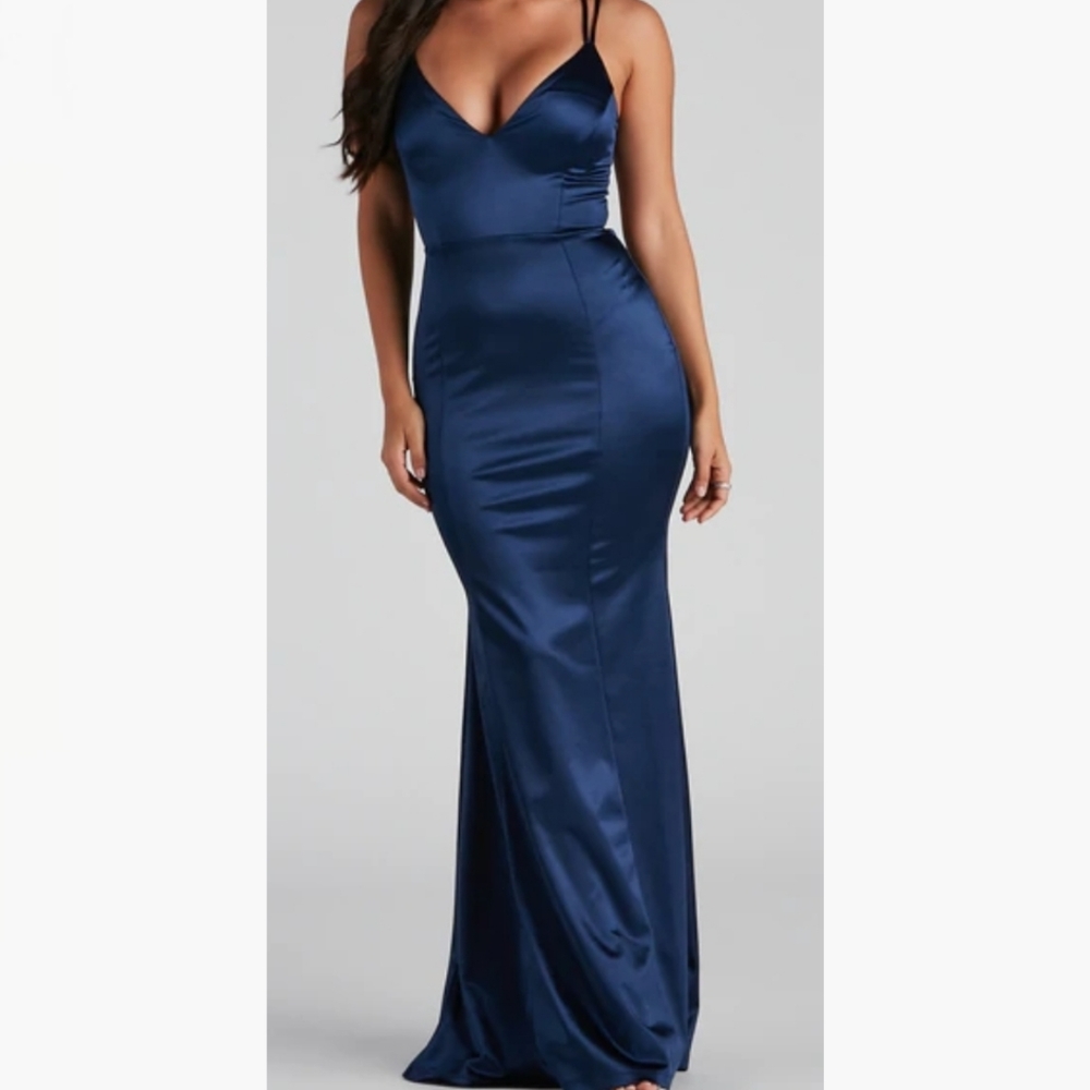 Navy blue lattice prom dress